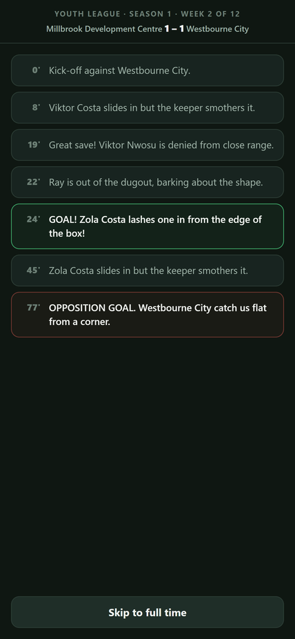 Match day text commentary showing minute-by-minute events and a goal