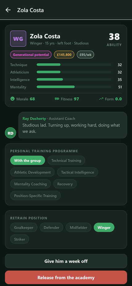 A player profile showing attribute bars, traits, morale, fitness and coach notes